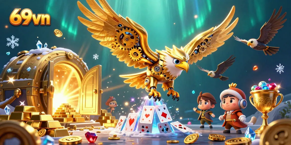 Experience the thrill of 69vn with our golden eagle soaring through a treasure-filled casino scene.