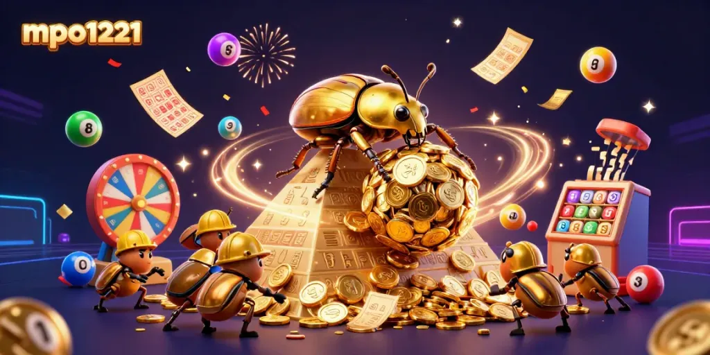 Experience excitement with mpo1221 through an engaging scene of golden beetles amidst casino symbols and vibrant lottery elements.