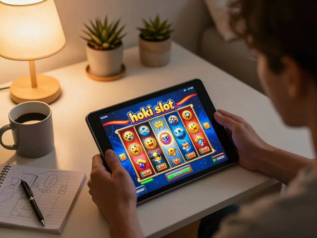 Player engaging in hoki slot at home, fun online gaming session with vibrant interface.
