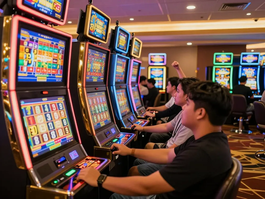 Experience the thrill of slot gacor gameplay with players engaging at colorful slot machines.