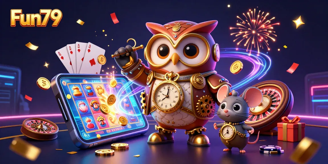 Experience Fun79 with vibrant 3D casino elements featuring a time-traveling owl and exciting game visuals.