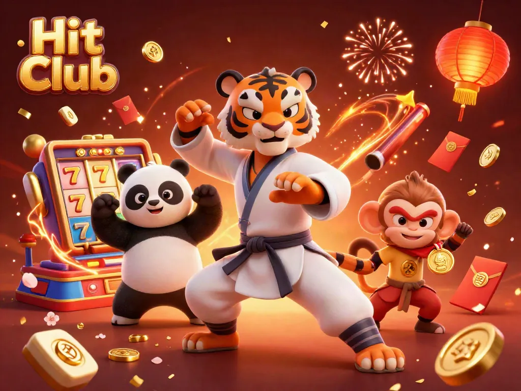 Experience the excitement of Hit Club with a vivid 3D illustration showcasing dynamic casino elements and playful characters.