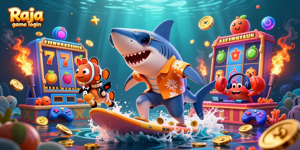 Engage in the thrilling Raja game login with a vibrant underwater casino scene featuring a shark and slot machines.