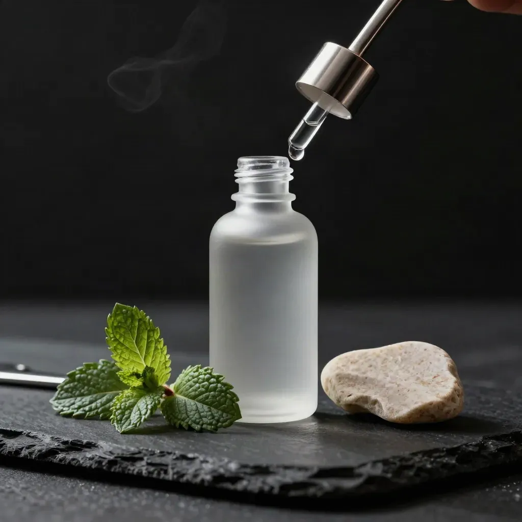 Suspended mint tincture bottle, spoon, mint leaf, and stone chip with a falling droplet