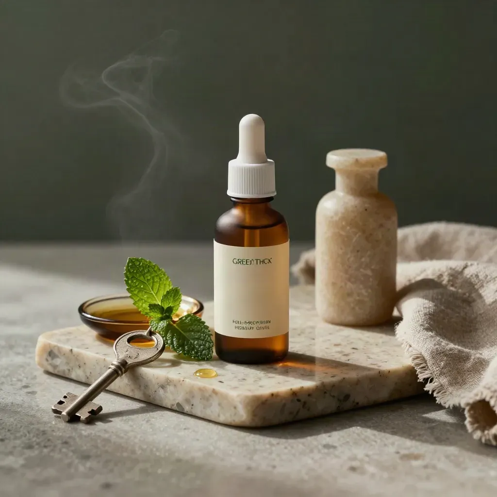 CBD oil bottle with peppermint sprig, amber dish, stone vial and hemp cloth in dawn mist.
