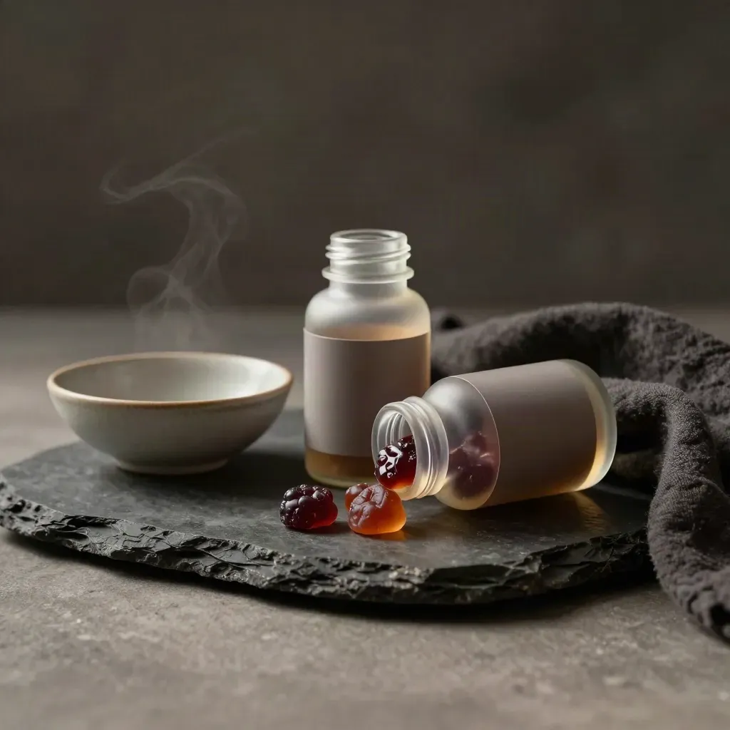 Two unmarked night gummy bottles with berry chews, bowl and linen on dark stone in cool moody light.