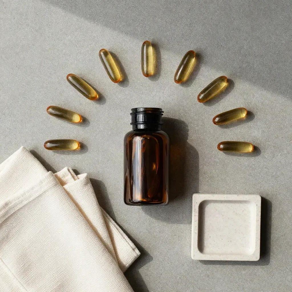 Overhead flatlay of unlabelled CBD caps bottle with softgels, gauze cloth, and stone tray