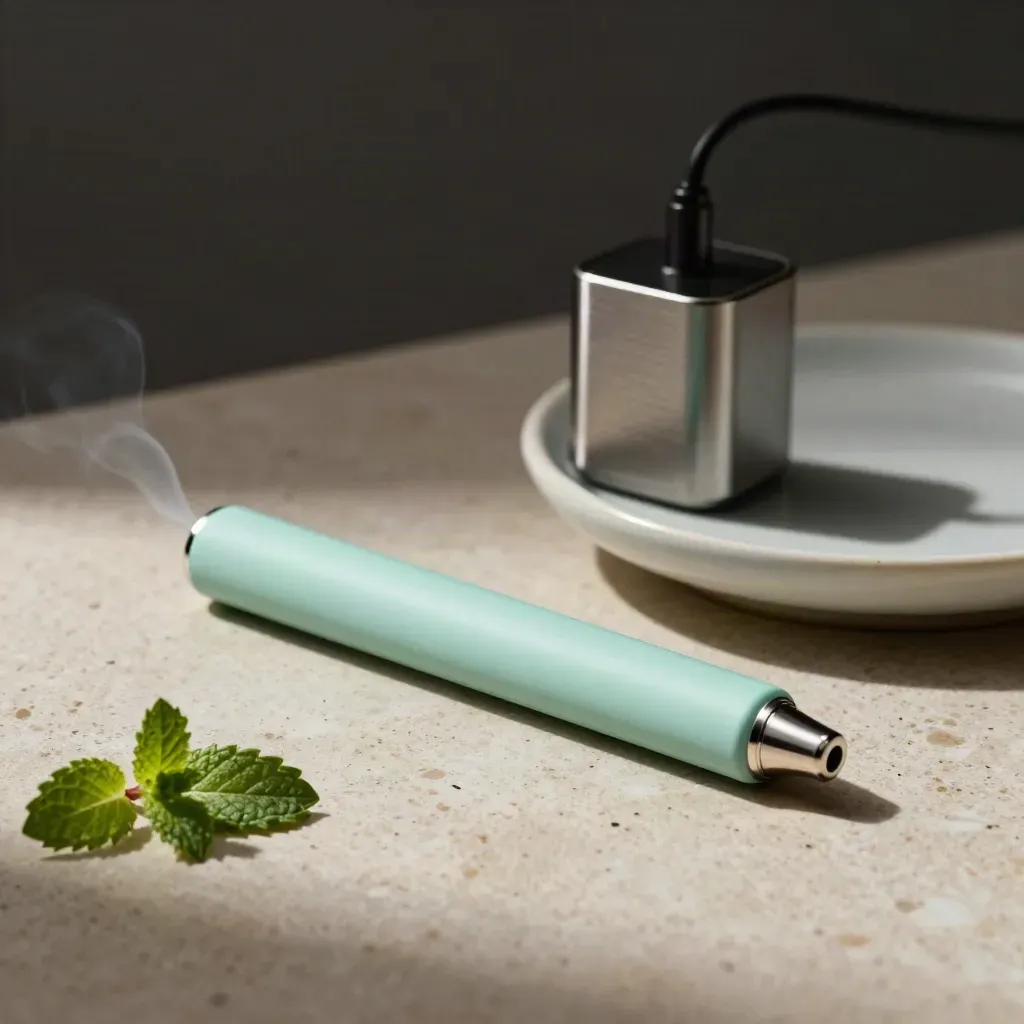 Mint hemp vape pen with charger, ceramic dish, mint leaf, and curling vapor on travertine
