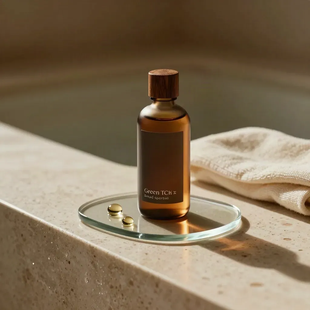 CBD tincture bottle on a tinted glass tray with droplet beads and folded cream cloth in soft spa light