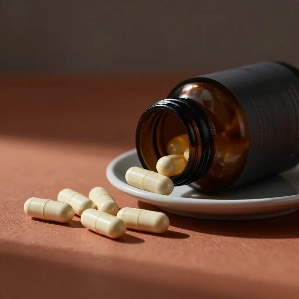 Unlabelled softgels bottle and capsules on a ceramic saucer in moody low light