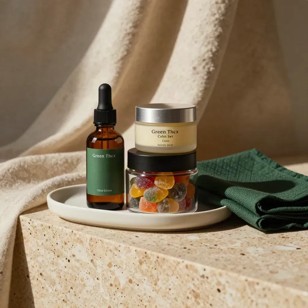 CBD tincture, gummies and balm stacked on travertine with hemp cloth, softly lit in haze.