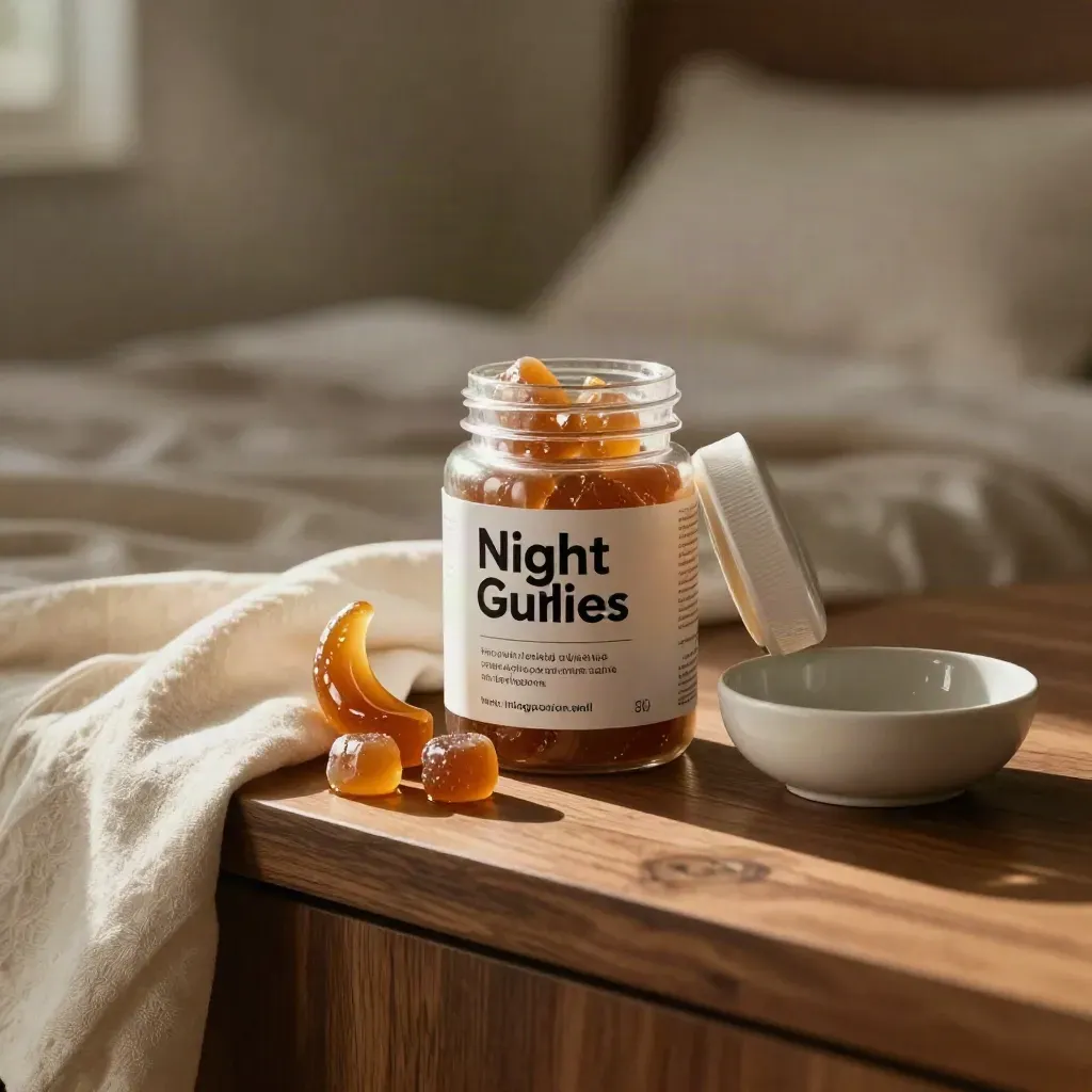 Open CBD night gummies jar with arcing gummies, cream linen, and a small ceramic bowl on walnut.