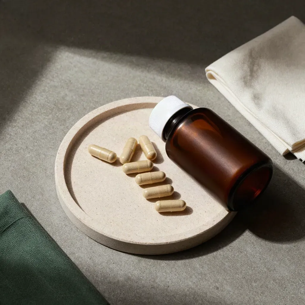 Overhead flatlay of CBD softgels bottle, nine capsules, stone tray and folded gauze on concrete.