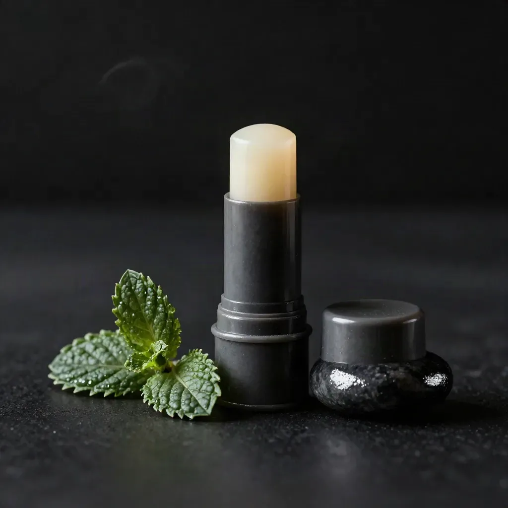 Uncapped peppermint balm stick with mint leaf and pebble stone on a dark dramatic studio surface.
