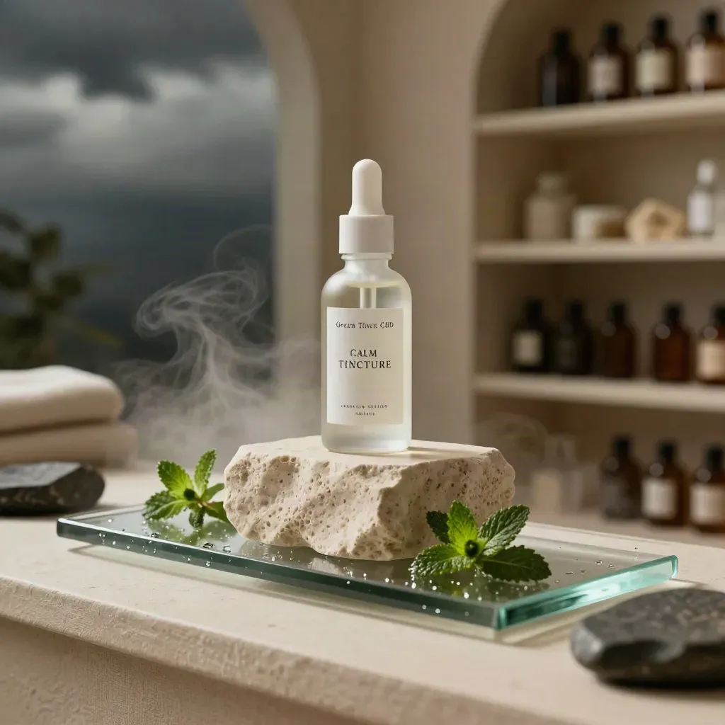 Unbranded CBD tincture bottle on stone plinth with mint sprigs and glass in stormy low light.