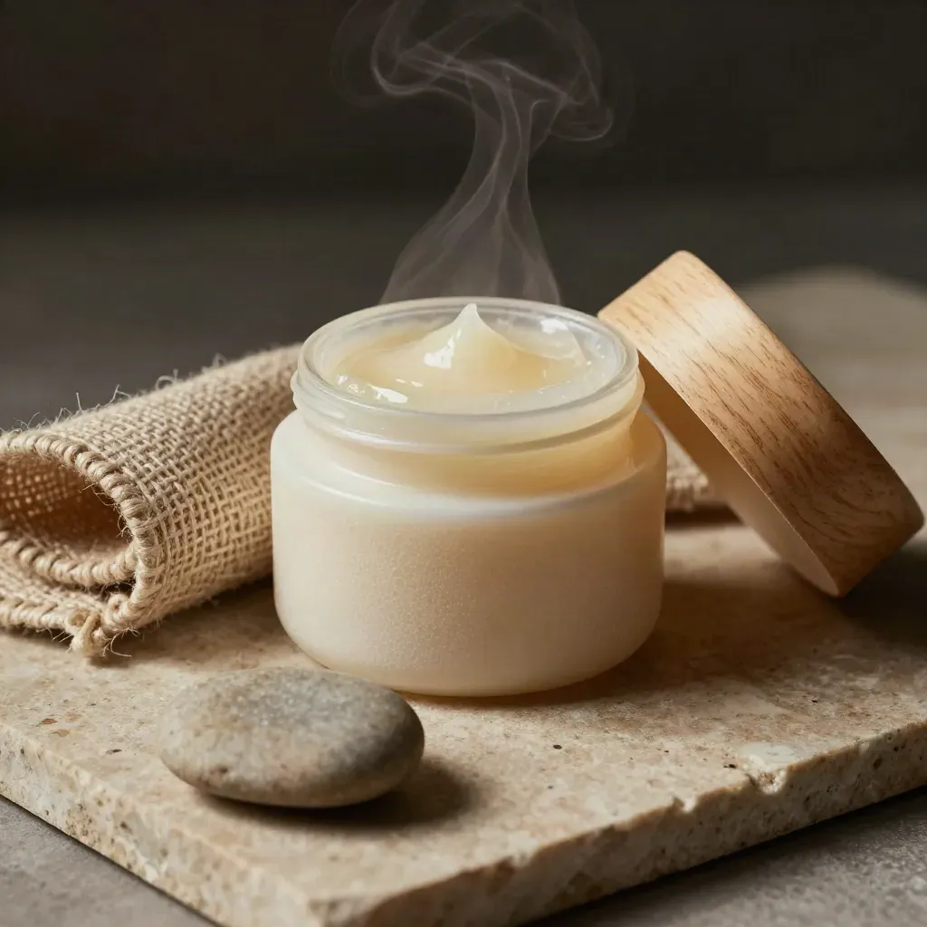 Open balm jar, wooden lid, hemp cloth and river stone on limestone in soft steam.