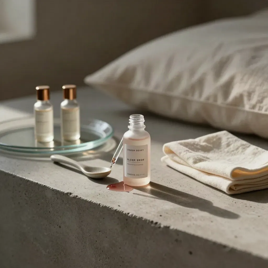 Unbranded Berry Sleep Drops bottle with glass vials, spoon, and cream cloth in cool haze.