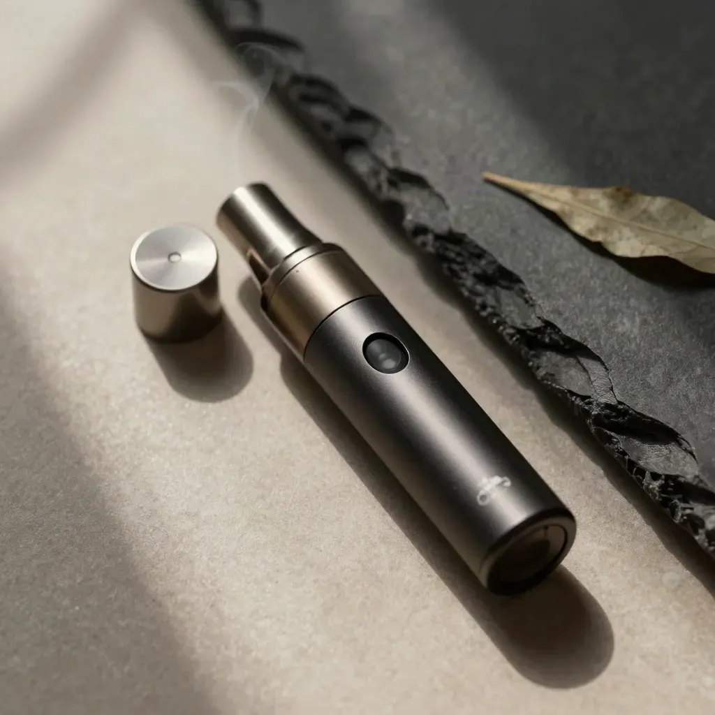 Overhead macro of a vape cartridge, cap and charger base on dark stone with a soft vapor thread.