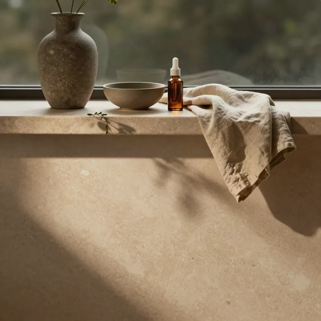 Travertine windowsill with CBD tincture, ceramic bowl, and soft late-afternoon shadow.
