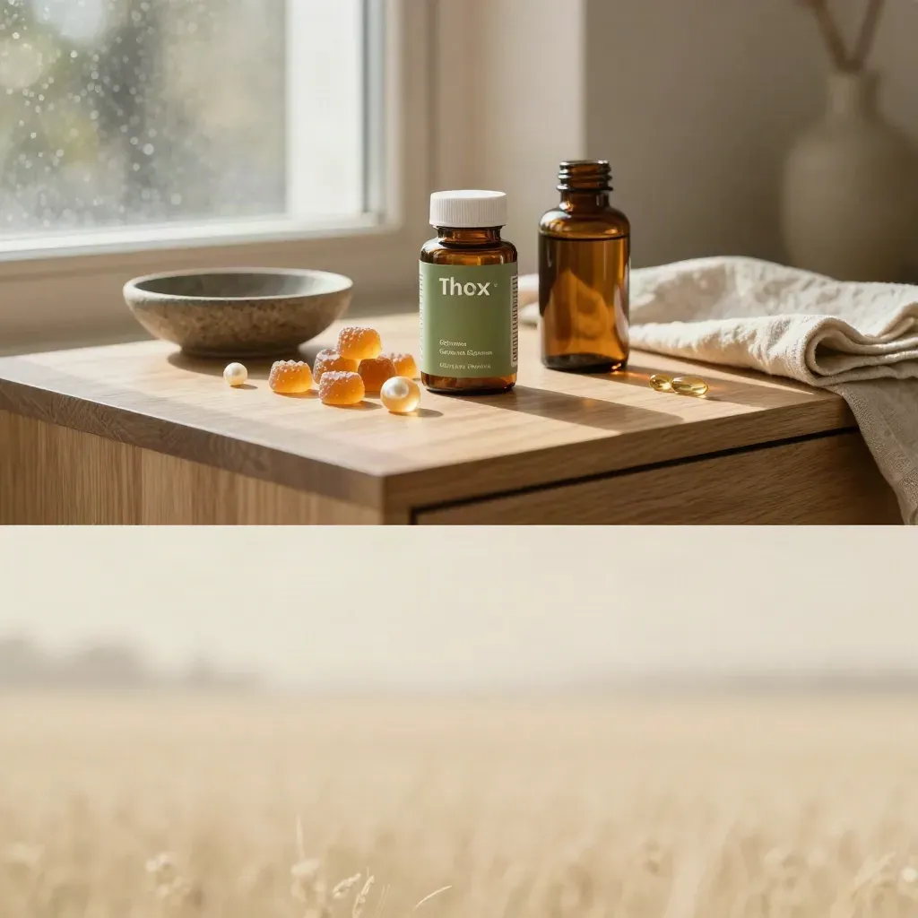 CBD gummies and softgels on a pale oak sideboard in soft sunlit interior