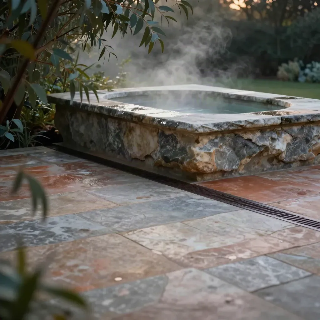 Stone bath terrace with eucalyptus, steam, and misty blue-hour garden light.
