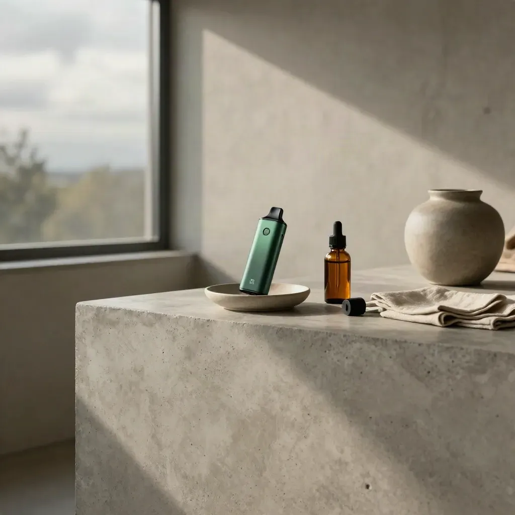 CBD vape products on a concrete loft counter beside a blurred window and ceramic planter.