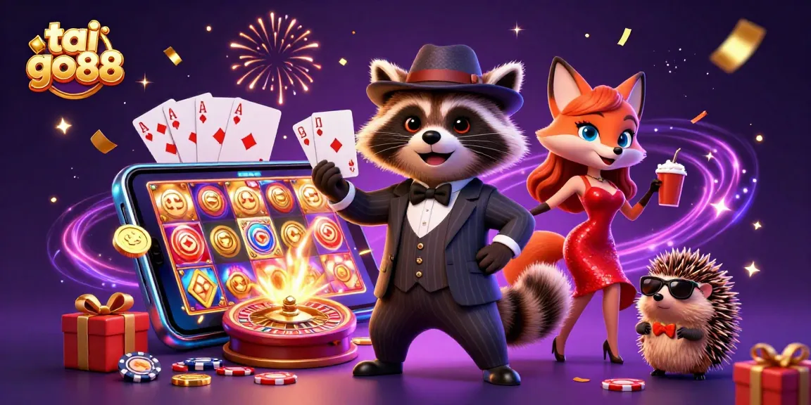 Experience the excitement of tai go88 as the raccoon in a suit shows off a royal flush surrounded by vibrant casino elements.