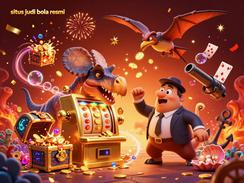 Situs judi bola resmi illustration depicting a pachycephalosaurus celebrating a jackpot at a casino, with golden coins and festive elements.