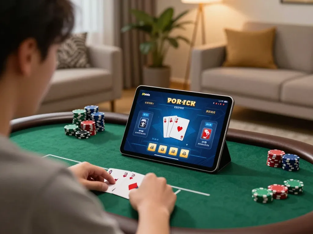 Player strategizing in a cozy home while enjoying poker on 99win app.