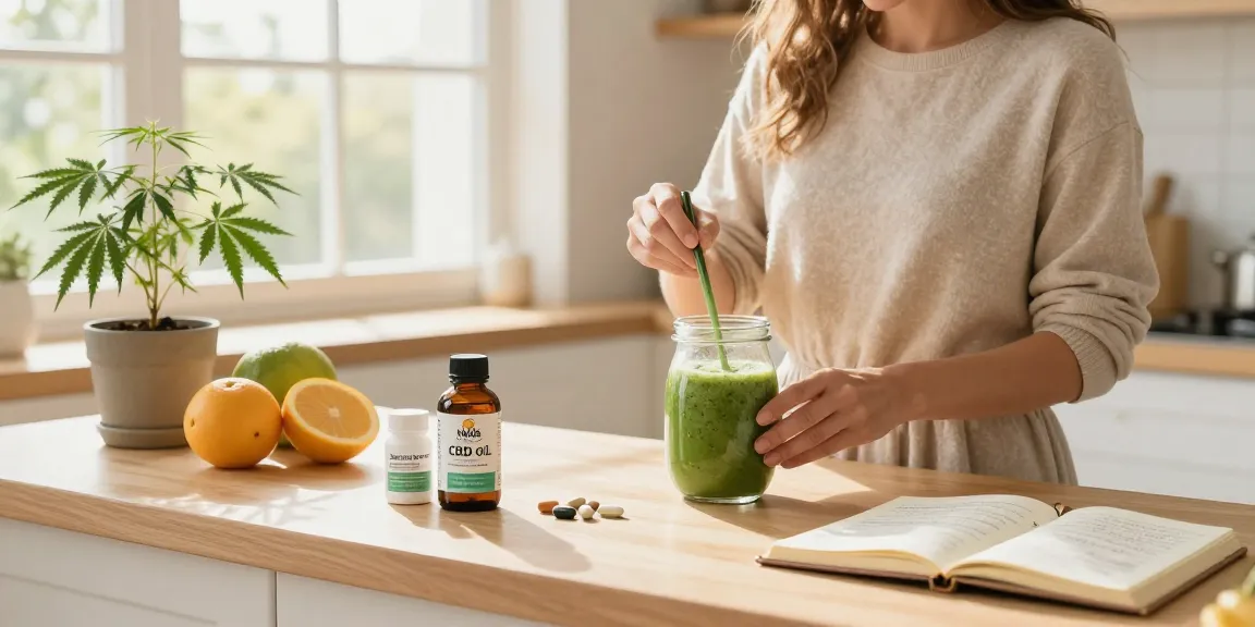 Muha Meds CBD oil integrated in a wellness morning routine with fresh ingredients, promoting natural health.
