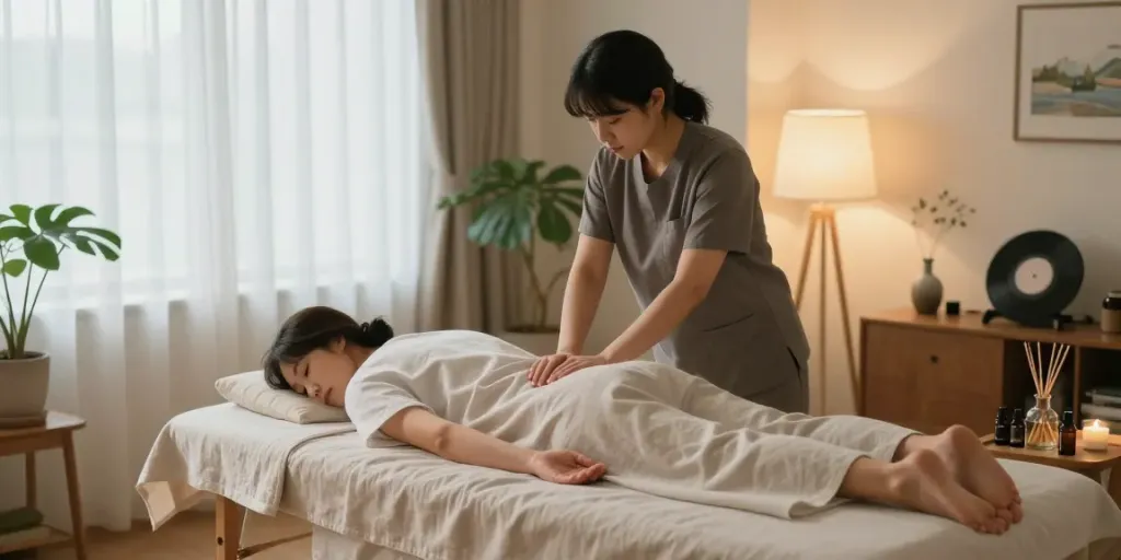 Professional 도봉구출장마사지 session in a calming living room with soft lighting and soothing decor