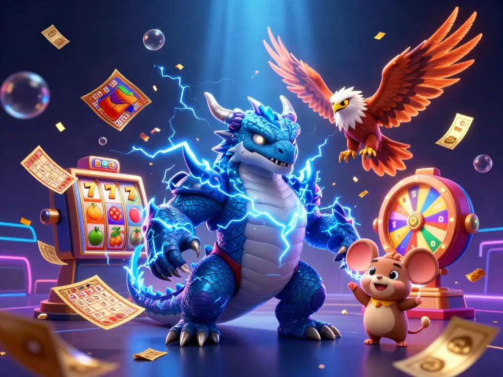 Experience thrilling slots action with a dynamic scene featuring a dragon, hawk, and a thunder mouse amidst vibrant casino elements.