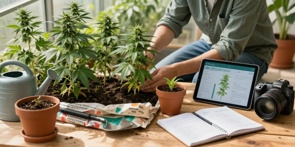 Autoflower Samen kaufen in einer einladenden Gartenumgebung mit gesunden Pflanzen und Anbauwerkzeugen.