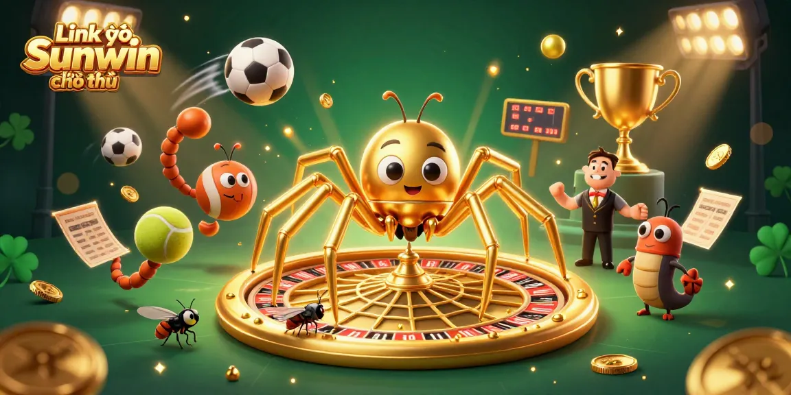 Experience thrilling bets with "Link vào Sunwin chính thức" as a golden spider spins a roulette web, amidst dynamic sports elements.