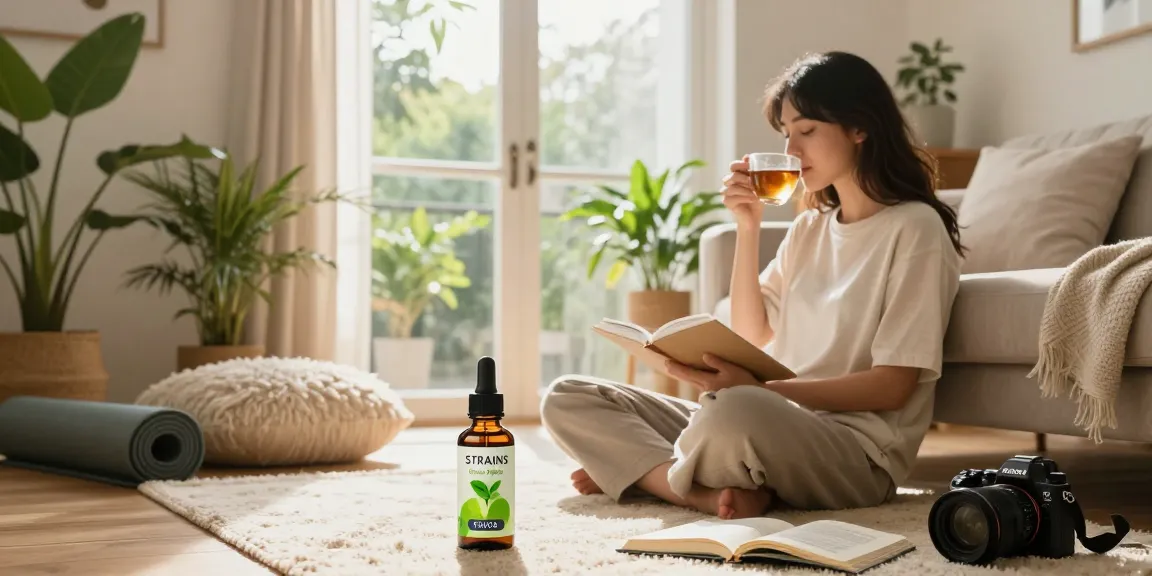 STRAINS Green Apple THCa tincture amid a relaxing wellness scene with CBD oil, herbal tea, and houseplants for a holistic experience.