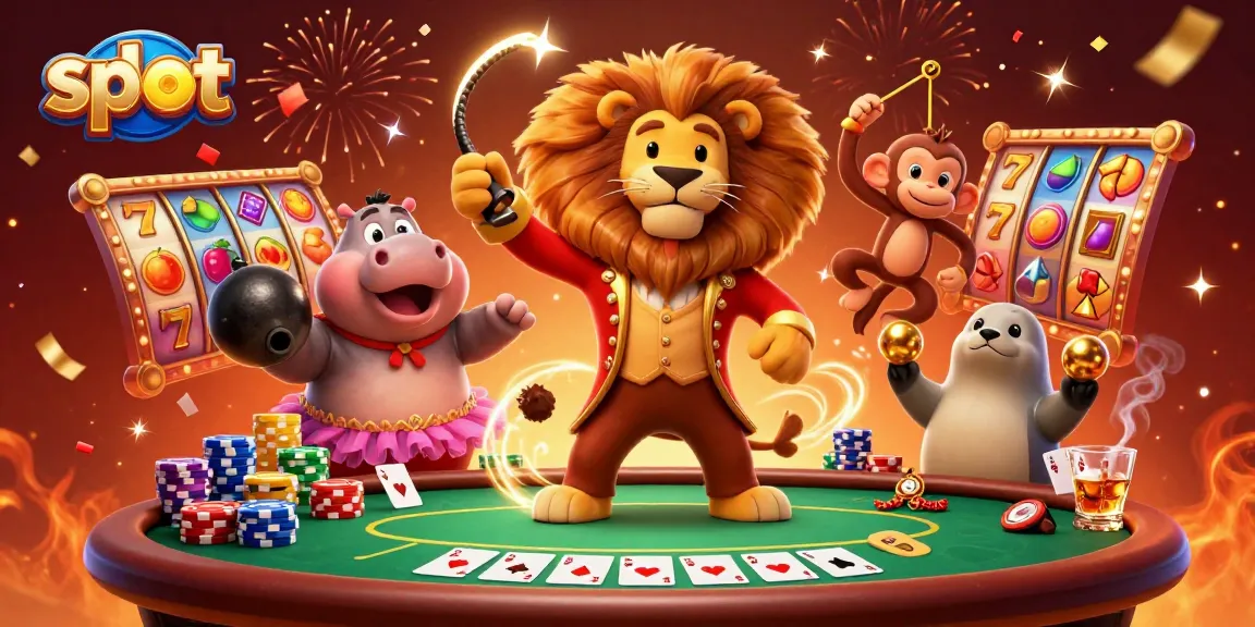 Spin the slot reels in this vibrant casino illustration featuring a circus theme
