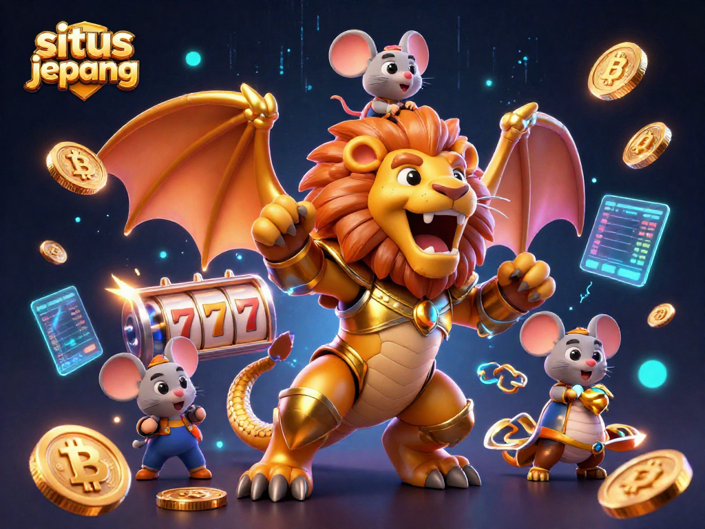 Play exciting games at situs slot jepang with a lion-headed chimera roaring over floating coins.