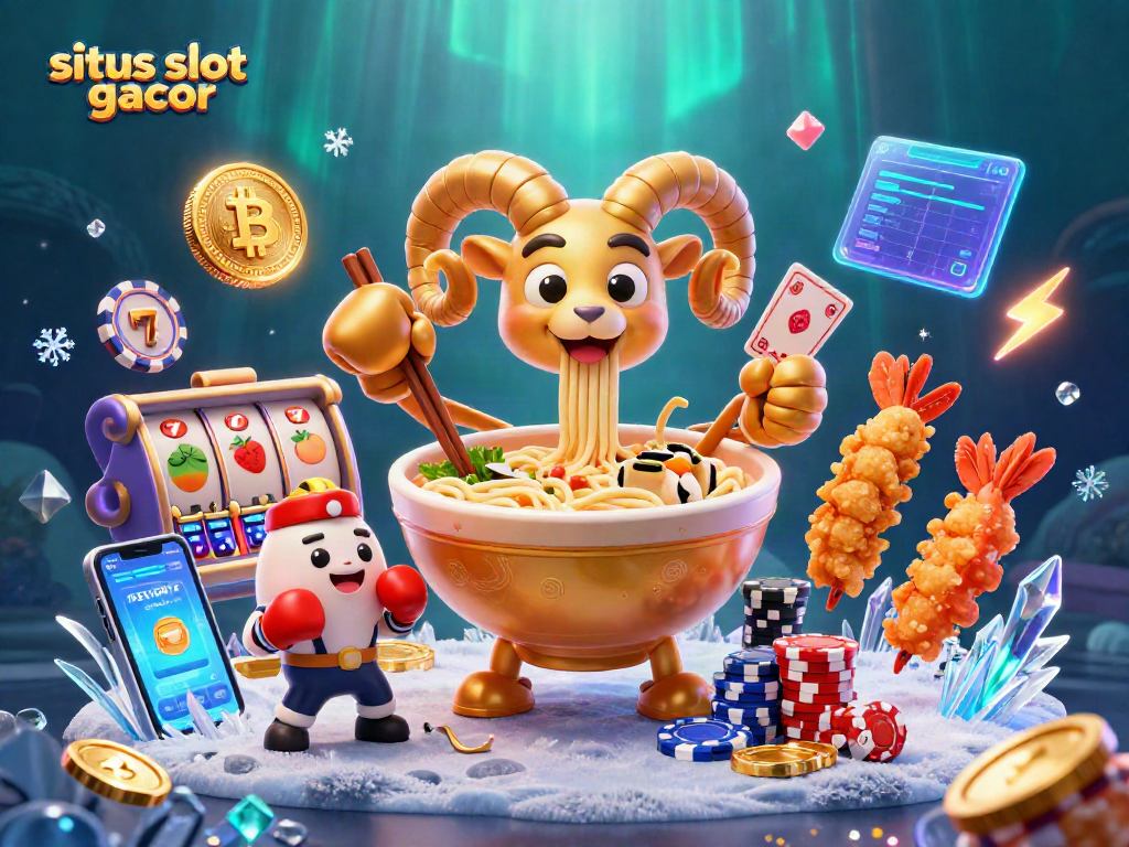 Experience situs slot gacor action with vibrant characters in a casino scene featuring golden ramen bowl dealers and dynamic slot elements.