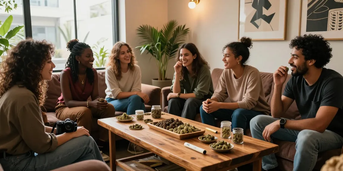 Friends enjoying hash together in a cozy lounge, discussing where to buy hash products.