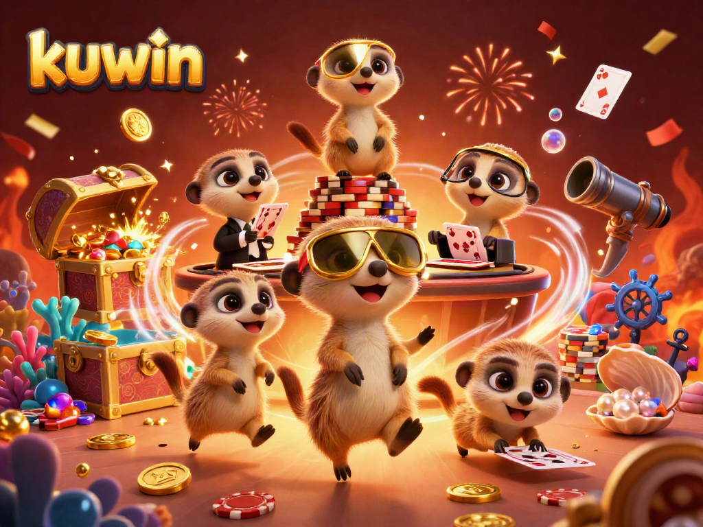 Kuwin meerkats operate a colorful casino in a vibrant underwater scene filled with treasure.