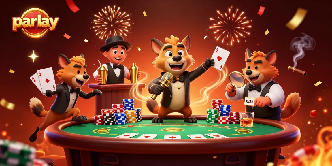 Engage in thrilling parlay betting action with colorful poker chips and a comedic twist from hyena characters.