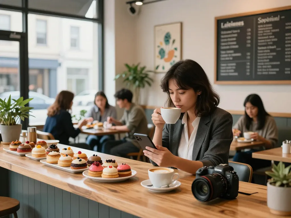 A vibrant café scene with a woman reviewing her device while enjoying coffee and pastries, highlighting community and comfort at https://forumup.org/shop/search.php?ca_id=&addr1=&addr2=&addr3=&schKeyw