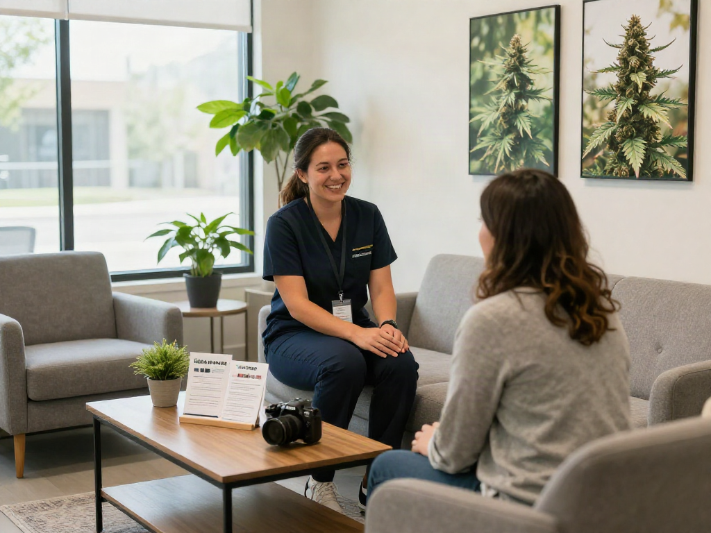 Welcoming medical cannabis clinic scene with Texas MMJ card information.