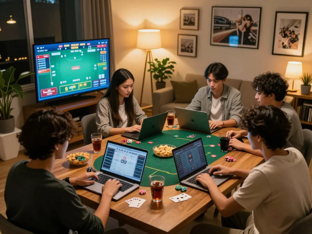 Engaging friends playing online hoki slot together in a cozy home setting with snacks.