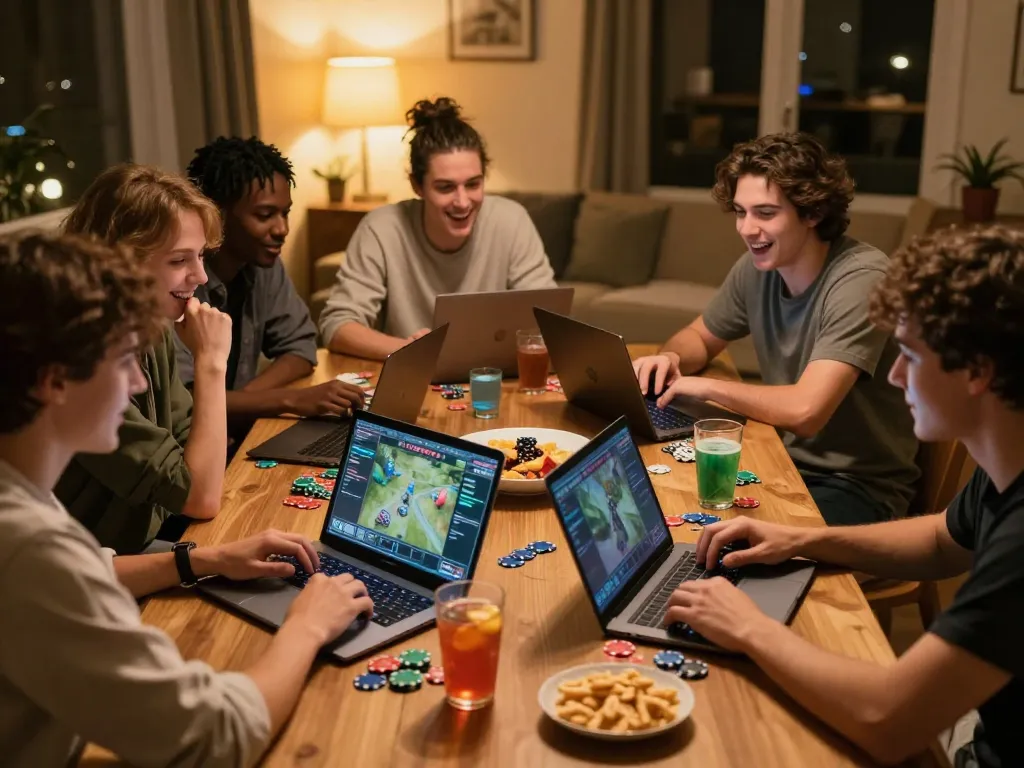 Engaging friends enjoying nsfw games online, gathered around laptops during a cozy home gaming session