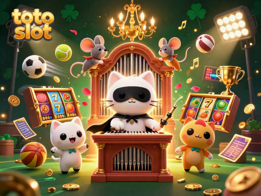 Experience the excitement of toto slot with vibrant slot reels and dynamic gaming elements in a festive casino scene.