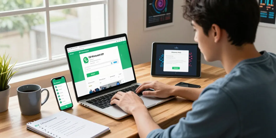 Downloading GB WhatsApp APK on a modern workspace, showcasing devices and installation guide.