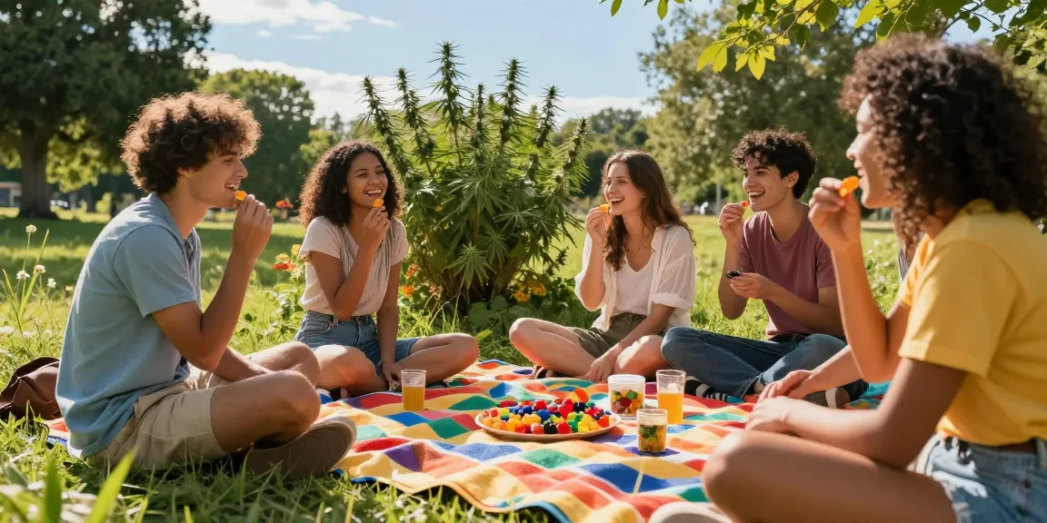 THC edibles shared among friends in a sunny park, embodying natural wellness and joy.