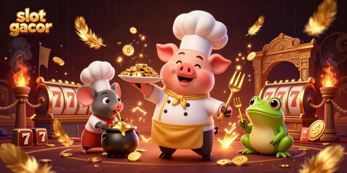 Engage with slot gacor through an exciting 3D render featuring playful characters and dazzling casino elements.