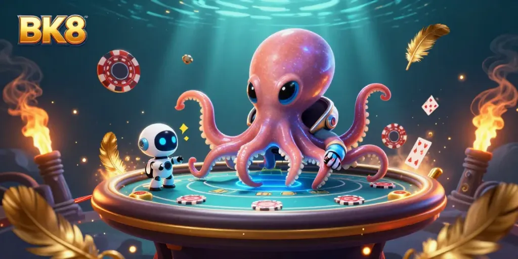 Engage in exhilarating gameplay at BK8, featuring an alien octopus at a holographic poker table.